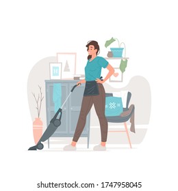 Vector illustration of cheerful young woman with hand on waist using vacuum cleaner to remove dust from floor while tidying cozy apartment. Flat style cartoon character