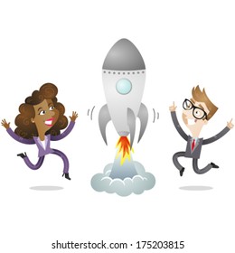 Vector illustration of cheering businessman and business woman celebrating launching rocket. Jpeg version also available in my gallery.