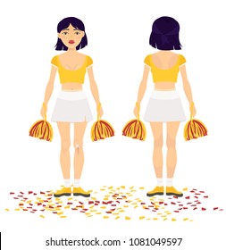 Vector illustration of cheerleader women in uniform isolated on white. Vector flat young woman illustration. Front and back side view girl, paper doll for clothes change.