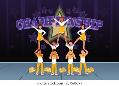 A Vector Illustration Of Cheerleaders In A Cheerleading Competition