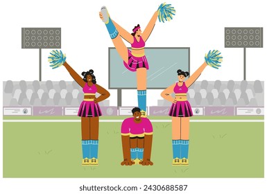 Vector illustration of cheerleaders forming a pyramid at a sports event, showcasing teamwork and coordination in their performance