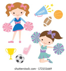 Vector illustration of cheerleaders and related sport items.