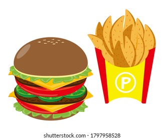 Vector illustration of cheese and beef burger and french fries