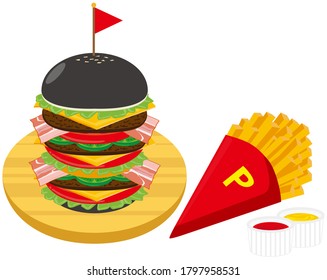 Vector illustration of cheese and beef burger and french fries