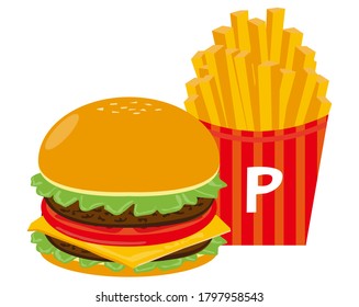 Ilustración vectorial de la hamburguesa de queso y carne de vacuno y patatas fritas