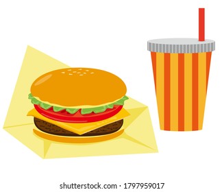 Ilustración vectorial del queso y la hamburguesa y el jugo de carne