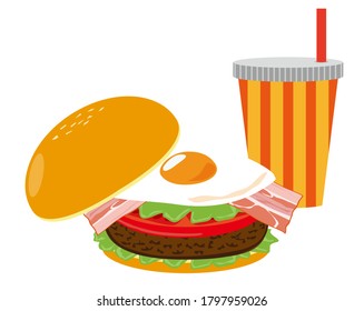 Vector illustration of cheese and beef burger and juice