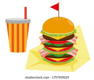 Vector illustration of cheese and beef burger and juice