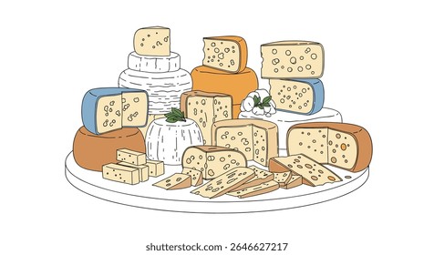 Vector Illustration of a Cheese Board with Various Types of Cheese Collection