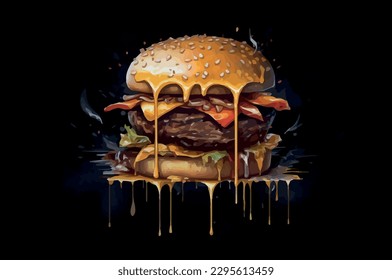 Ilustración vectorial de una hamburguesa de queso, una sabrosa hamburguesa en un fondo oscuro