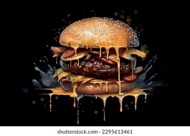 Ilustración vectorial de una hamburguesa de queso, una sabrosa hamburguesa en un fondo oscuro