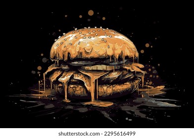 Ilustración vectorial de una hamburguesa de queso, una sabrosa hamburguesa en un fondo oscuro