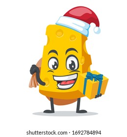 vector illustration of cheese character or mascot wearing santa hat