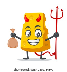vector illustration of cheese character or mascot wearing devil costume and holding trident