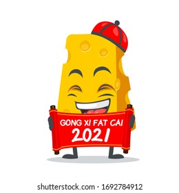 ilustración vectorial del personaje de queso o mascota con desplazamiento rojo y dice feliz año nuevo chino 2021