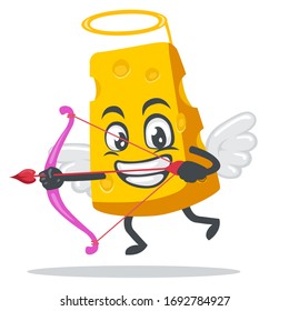 vector illustration of cheese character or mascot wearing cupid costume and holding a bow