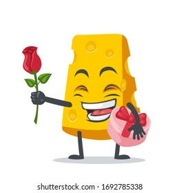 vector illustration of cheese character or mascot give flower and holding pink gift