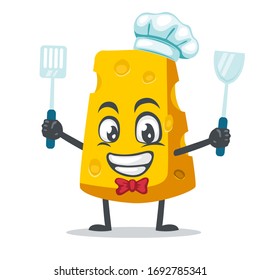 vector illustration of cheese character or mascot wearing chef hat and holding spatula