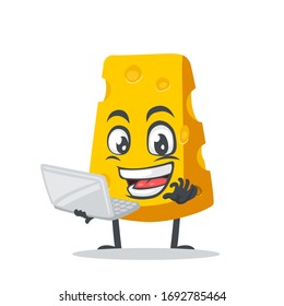 vector illustration of cheese character or mascot presentation with laptop