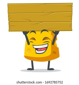 vector illustration of cheese character or mascot holding blank wooden