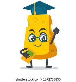 vector illustration of cheese character or mascot graduation hat and holding book