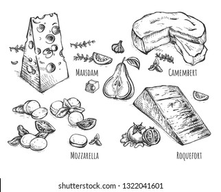 Vector illustration of cheese and food set. Maasdam, basil and tomatoes, Camambert, garlic and pear, mozzarella pignolia nuts and rocca salad, Roquefort, blue and pear. Vintage hand drawn style.