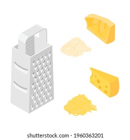 Vector illustration cheese grater, grated cheese and piece of cheese. Isometric view, isolated on white background.