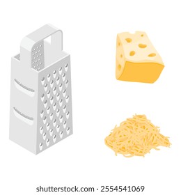 Vector illustration cheese grater, grated cheese and piece of cheese isolated on white background.