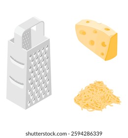 Vector illustration cheese grater, grated cheese and piece of cheese isolated on white background.