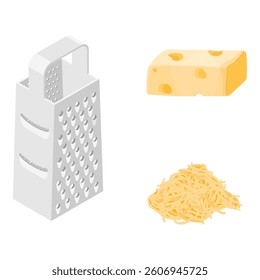 Vector illustration cheese grater, grated cheese and piece of cheese isolated on white background.