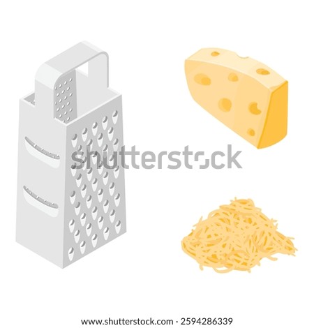 Vector illustration cheese grater, grated cheese and piece of cheese isolated on white background.