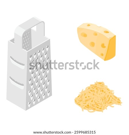 Vector illustration cheese grater, grated cheese and piece of cheese isolated on white background.