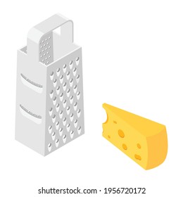 Vector illustration cheese grater and piece of cheese. Isometric view, isolated on white background.