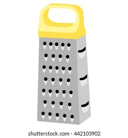 Vector illustration cheese grater with yellow handle isolated on white background. Kitchen equipment, appliance. Kitchenware