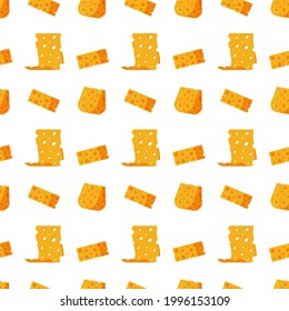 Vector illustration of the cheese pattern. Pieces of yellow cheese isolated on white background. Pieces of cheese of different shapes