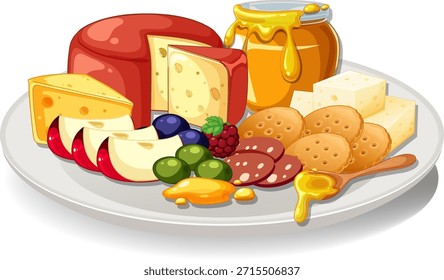 Ilustración vectorial de plato de queso con manzanas, bayas, aceitunas, galletas y tarro de miel