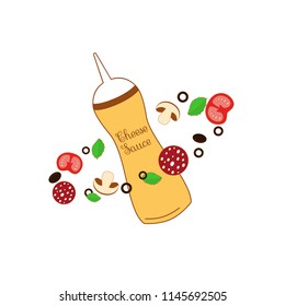 Vector illustration with cheese sauce surrounded by products for making pizza. Isolatted on the whote background.