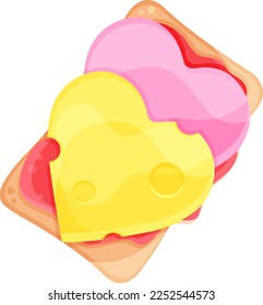 vector illustration cheese and sausage sandwich, romantic breakfast, food illustration