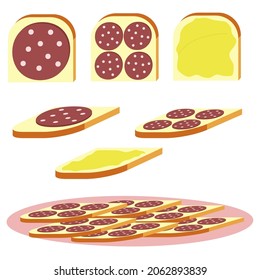 A vector illustration of cheese and sausage sandwiches isolated on transparent background. Designed in maroon, pink, yellow, light brown colors for web concepts, prints, wraps, templates