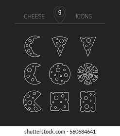 Vector illustration of cheese. Set of nine linear icons.