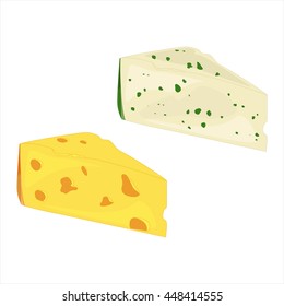 Vector illustration cheese slice. Cut of cheese piece icon. Blue, green cheese roquefort