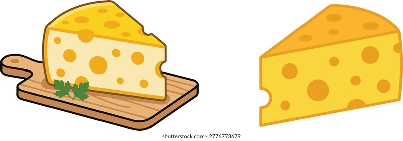 Vector illustration of cheese wedges on a cutting board and standalone slices, featuring cartoon-style yellow cheese with holes, clean lines, and minimal shading.
