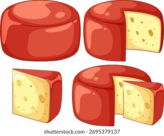 Ilustração vetorial de queijos com cera vermelha, cunhas cortadas, estilo cartoon, fundo isolado