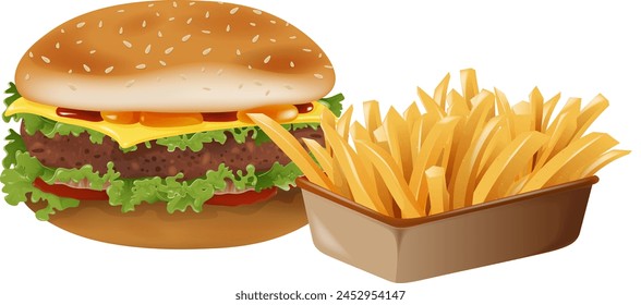 Vector illustration of a cheeseburger with fries