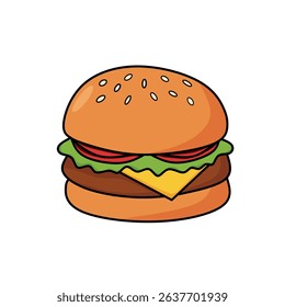 Vector illustration of a cheeseburger with lettuce, tomato, beef patty, and melted cheese in a sesame seed bun. Perfect for fast food designs and icons