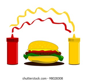 vector illustration of cheeseburger with mustard and ketchup arch