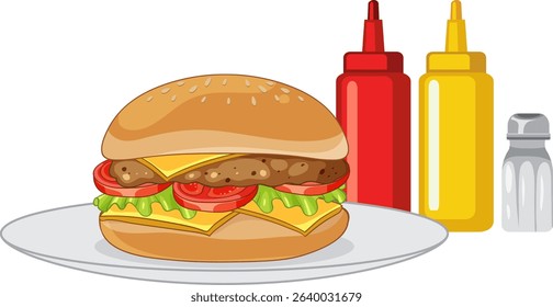 Vector illustration of a cheeseburger on a plate with ketchup, mustard, and salt. Bright colors and clean lines enhance appeal