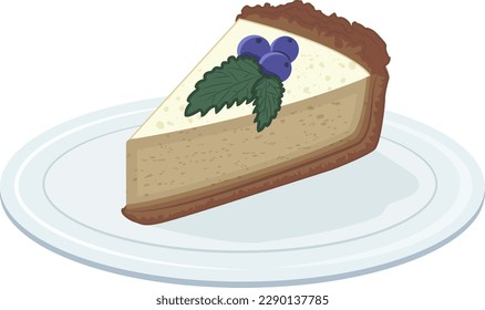 Ilustración vectorial de tarta de queso con arándanos y hojas de menta sobre un plato sobre un fondo blanco. Imagen para diseño de cocina, menú, impresión para niños.