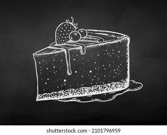 Vector Illustration Of Cheesecake. Chalk Drawing Isolated On Chalkboard Background.