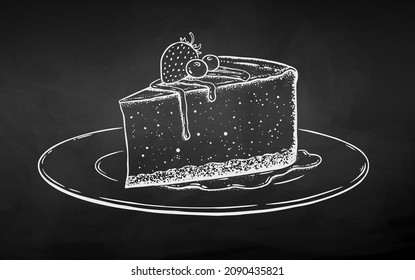 Vector illustration of Cheesecake on plate. Chalk drawing isolated on chalkboard background.